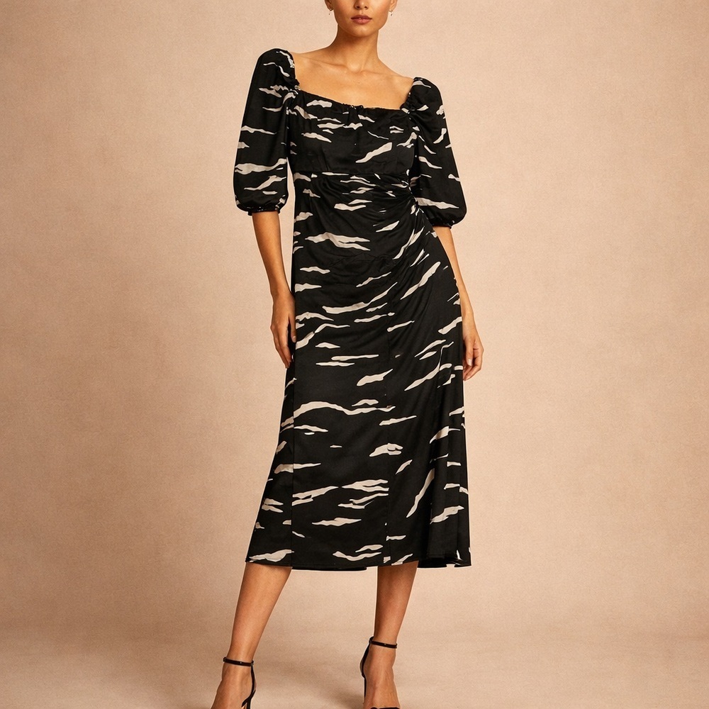 Reformation Black Abstract Print Midj Dress Puff Sleeve sustainable chic size 2